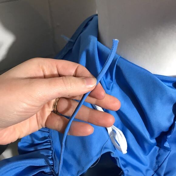 Vintage Blue Ruffle Off Shoulder Fit Flare Prom Ball Gown Cinderella Dress Small - Picture 5 of 7